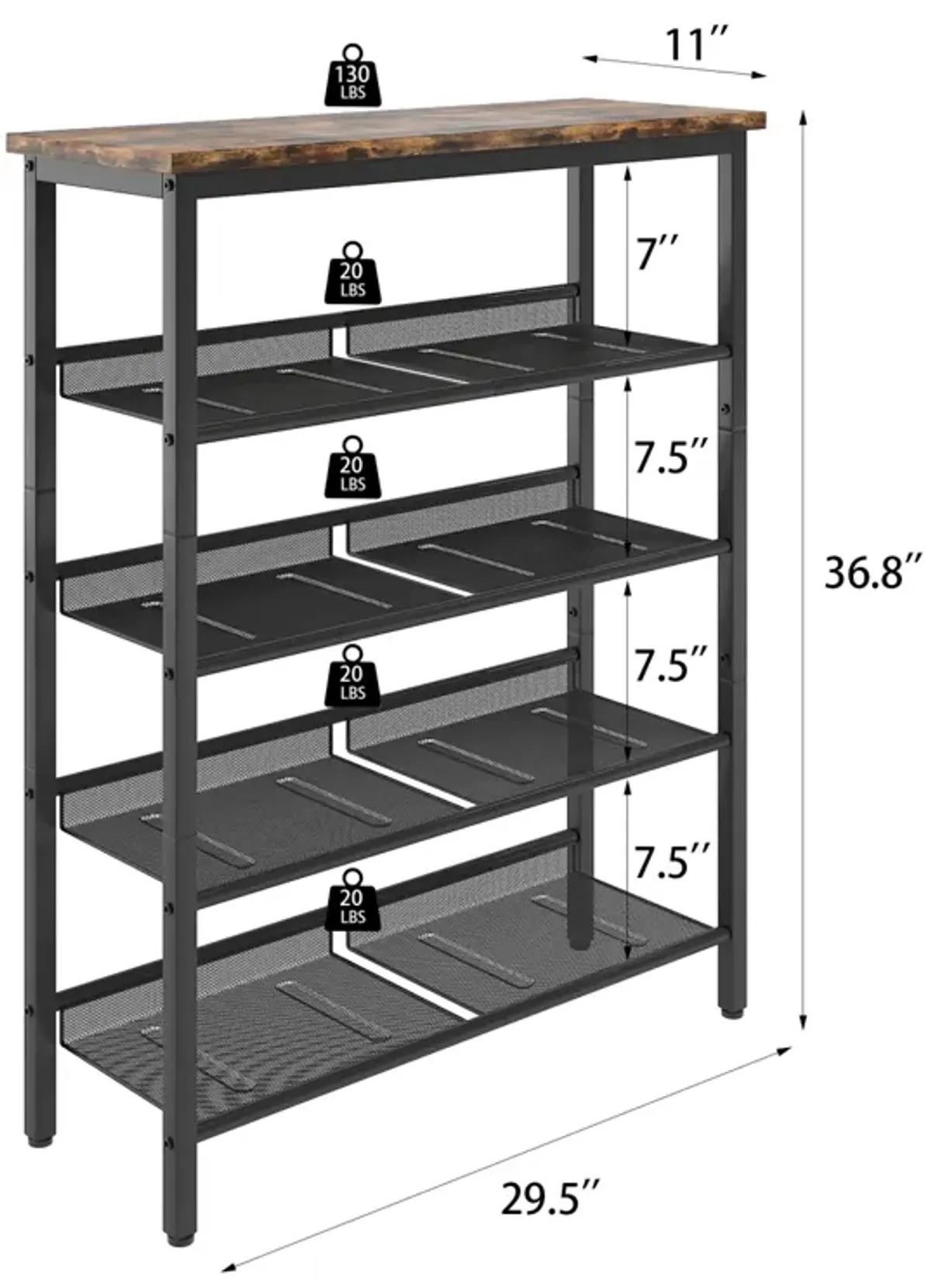 Adjustable 5-Layer Industrial Shoe Rack with Mesh Shelves