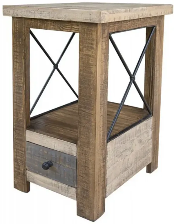 Benjara Side Niya 26 Inch Chairside Table, Single Drawer, Pine Wood, Wrought Iron, Brown