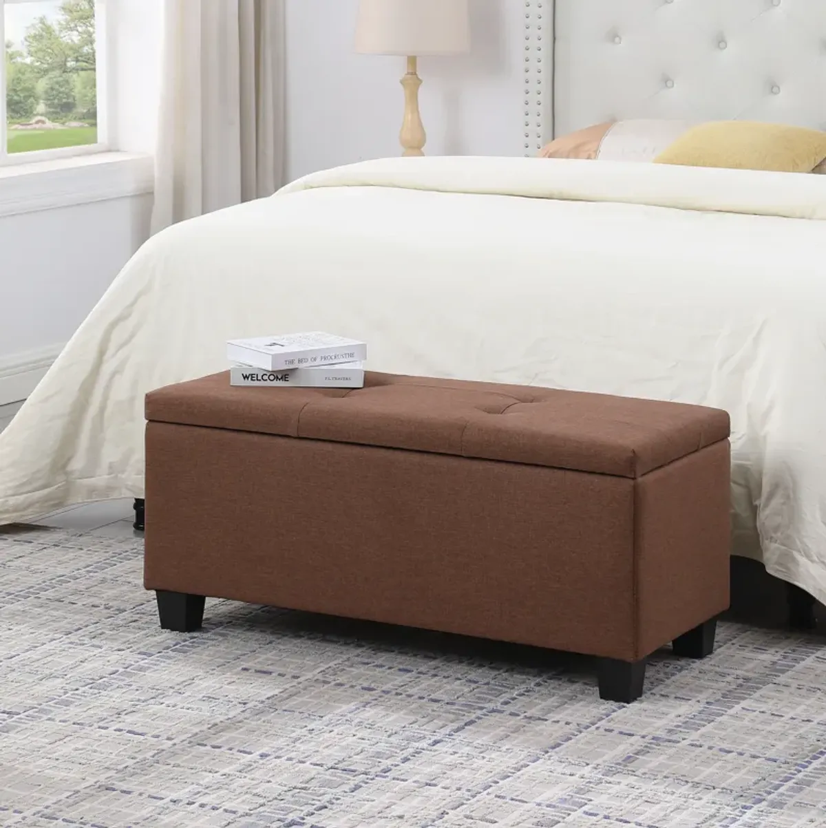 Large Storage Ottoman Bench Set, 3 In 1 Combination Ottoman, Tufted Ottoman Linen Bench