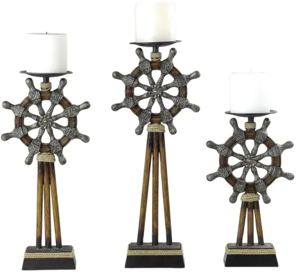 Capi 3pc Candle Holder Set w Candles, Bronze Wheel Shape, Solid Base - Benzara