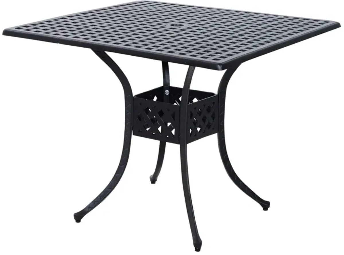 Alfresco Dining Surface: 36" Square Metal Patio Table with Umbrella Hole