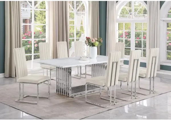 9pc Large(79") marble top dining set with silver base and 8 cream side chairs