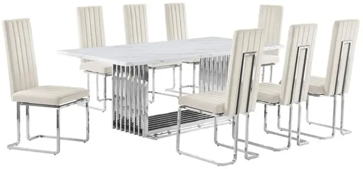 9pc Large(79") marble top dining set with silver base and 8 cream side chairs
