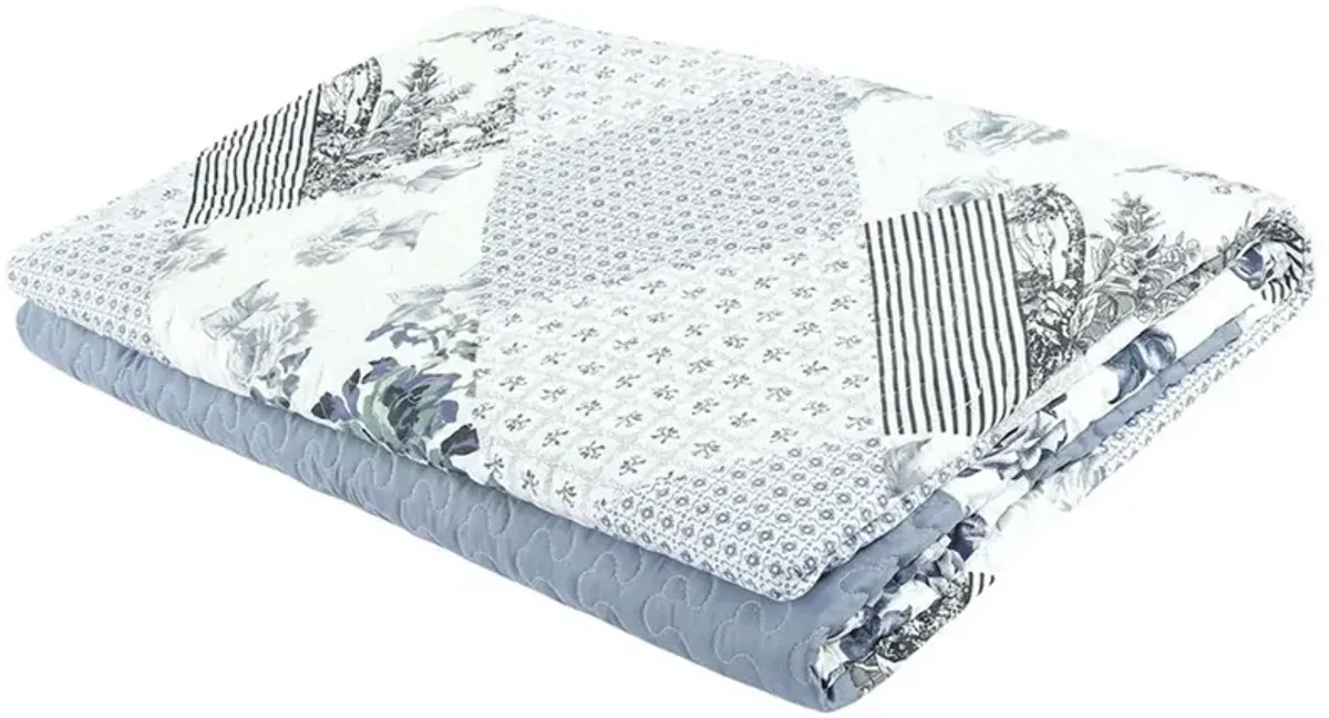 Legacy Decor 3 PCS Quilt Bedspread Coverlet Blue and White Floral Patchwork Design Microfiber King Size