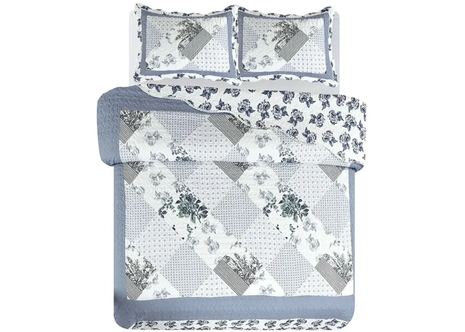 Legacy Decor 3 PCS Quilt Bedspread Coverlet Blue and White Floral Patchwork Design Microfiber King Size