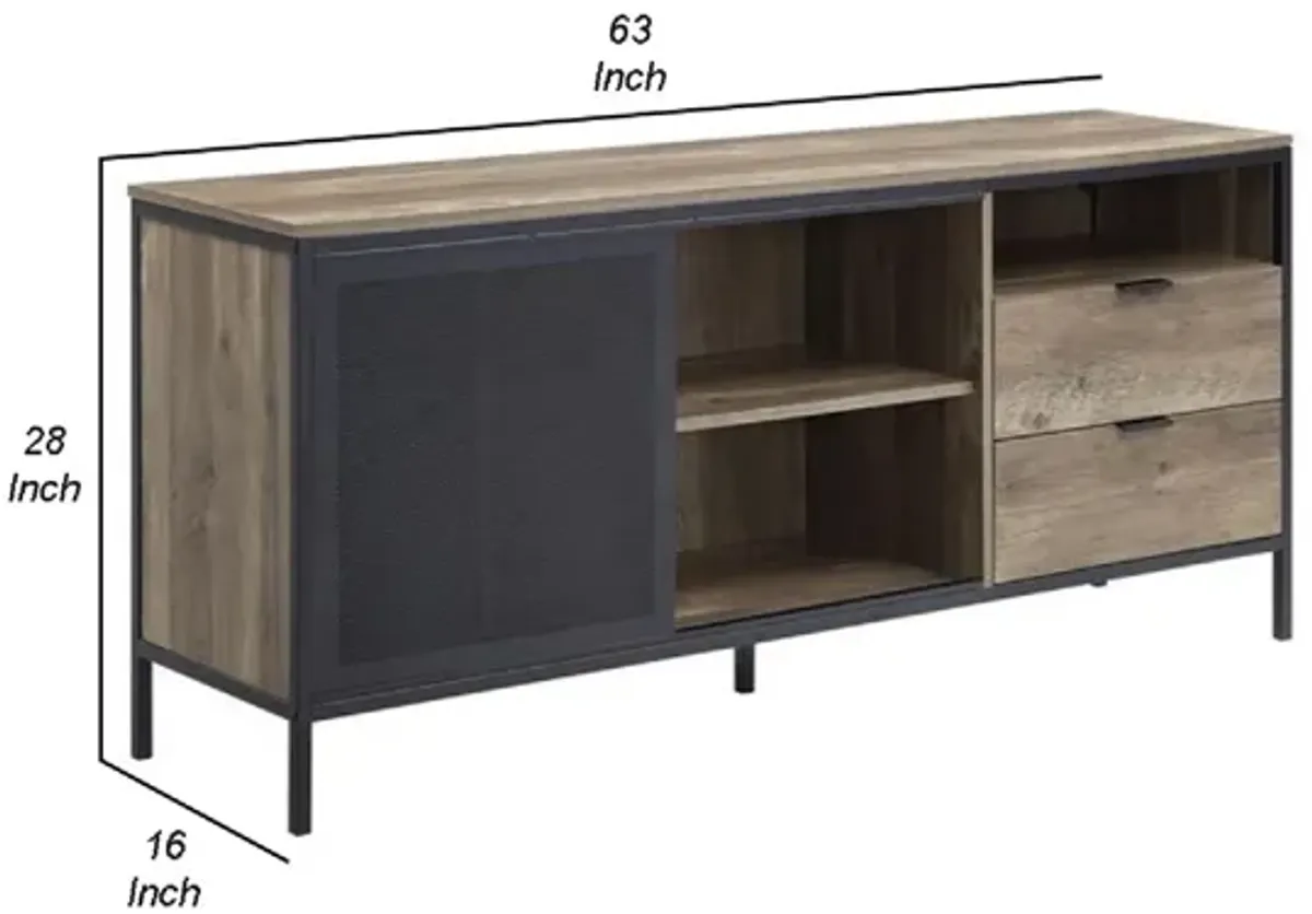 TV Stand with Metal Frame, Rustic Oak Brown and Black-Benzara