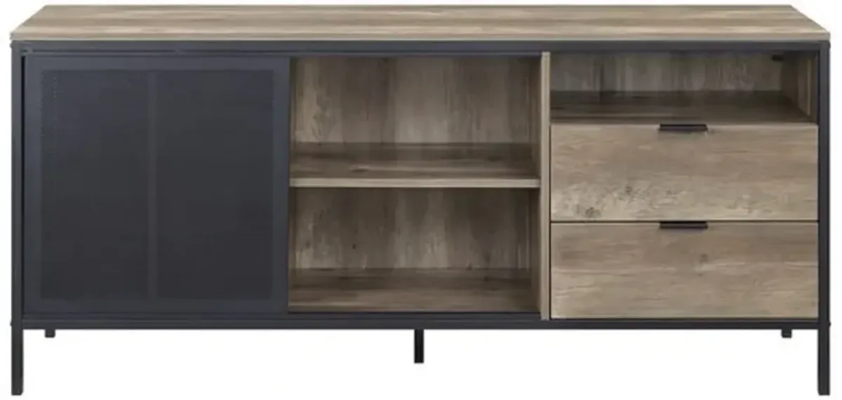 TV Stand with Metal Frame, Rustic Oak Brown and Black-Benzara