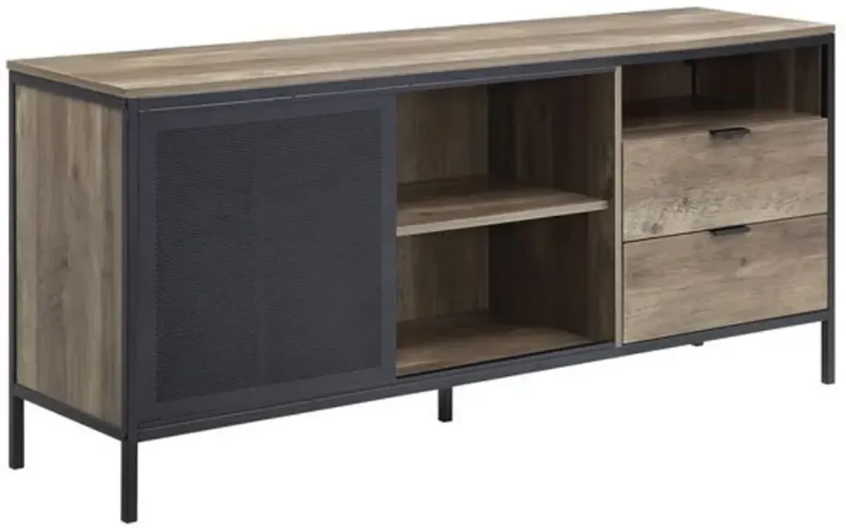 TV Stand with Metal Frame, Rustic Oak Brown and Black-Benzara