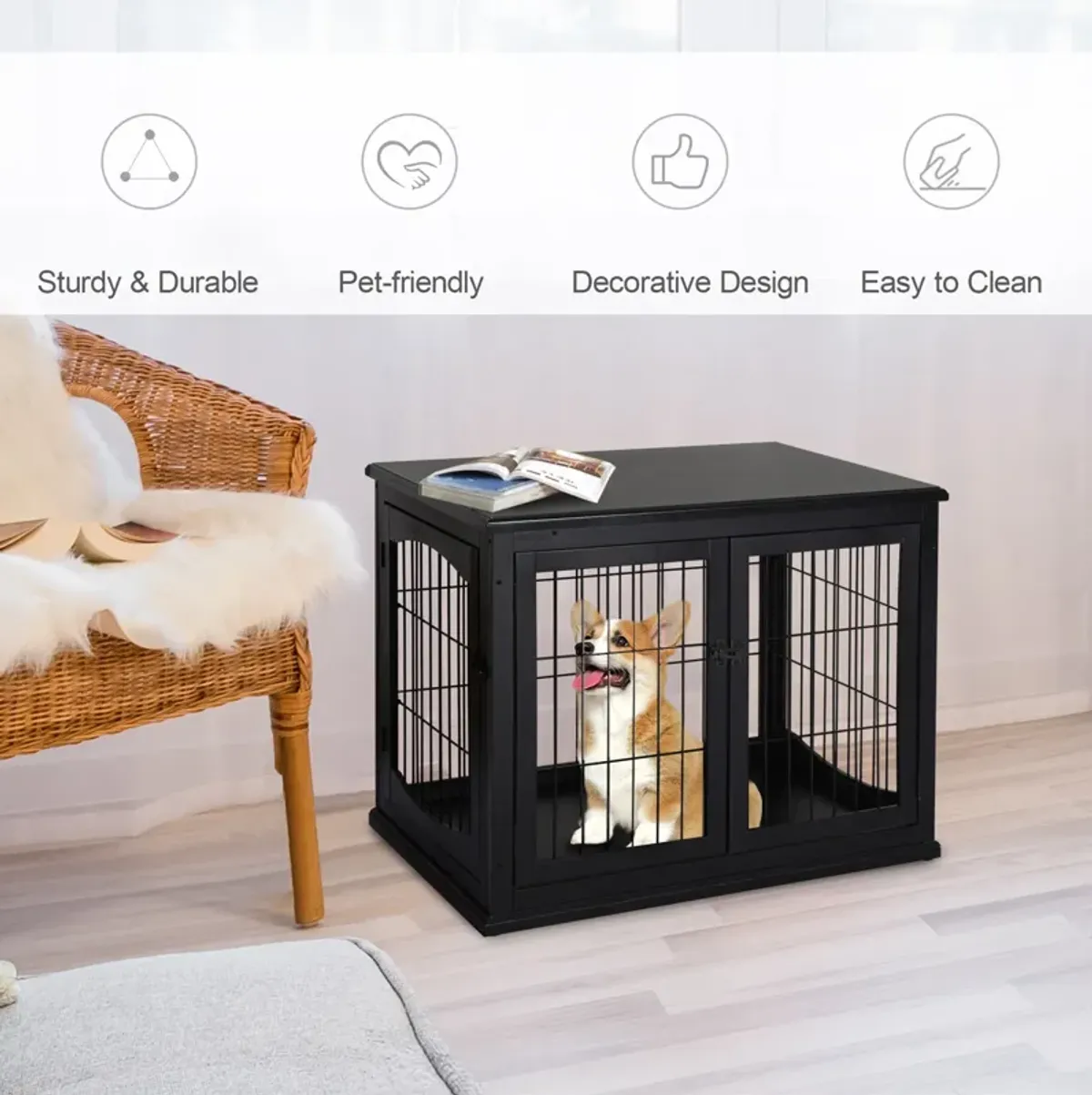 Stylish Black Dog Den: Modern Wooden Crate with Double Doors