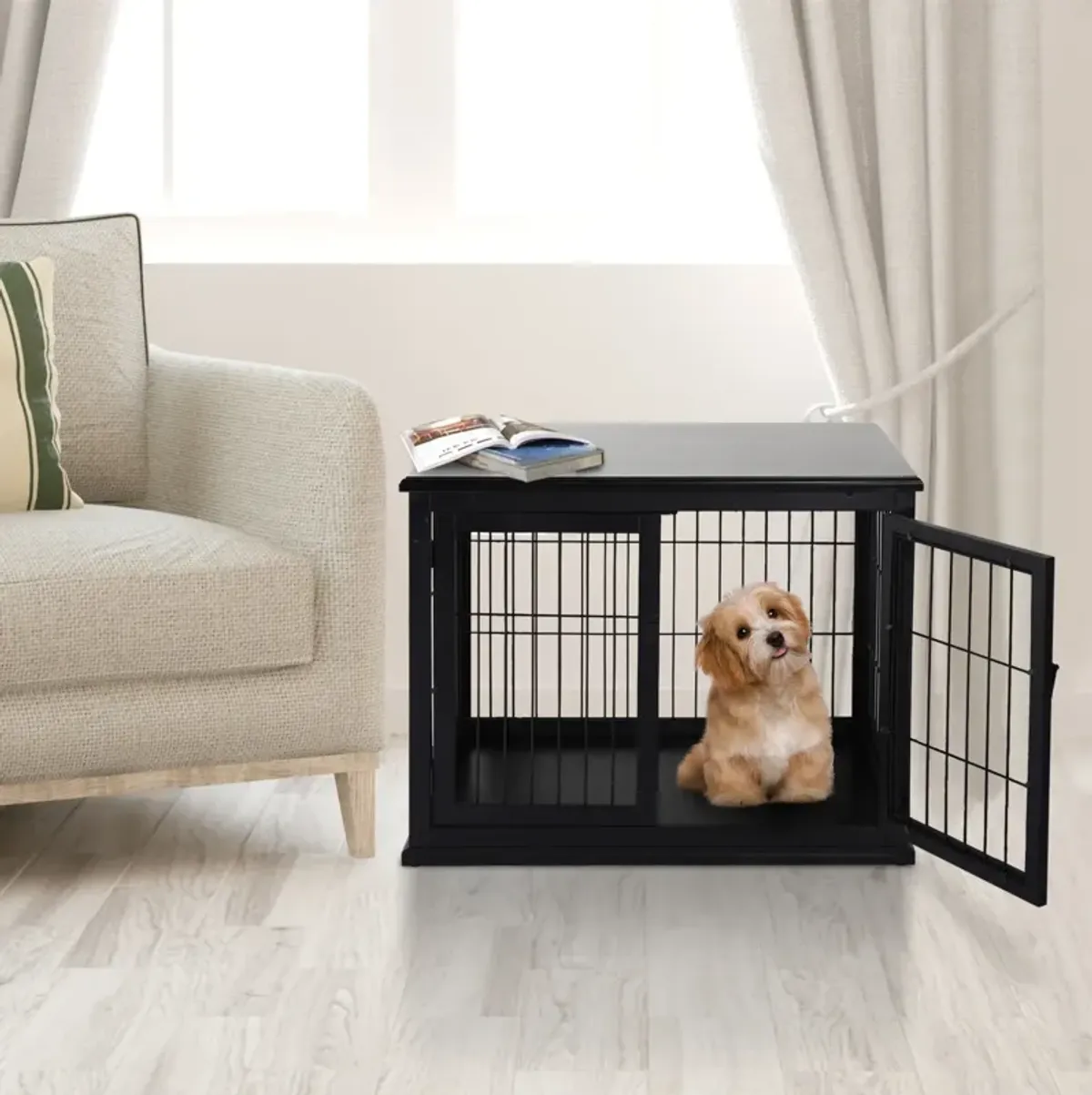 Stylish Black Dog Den: Modern Wooden Crate with Double Doors