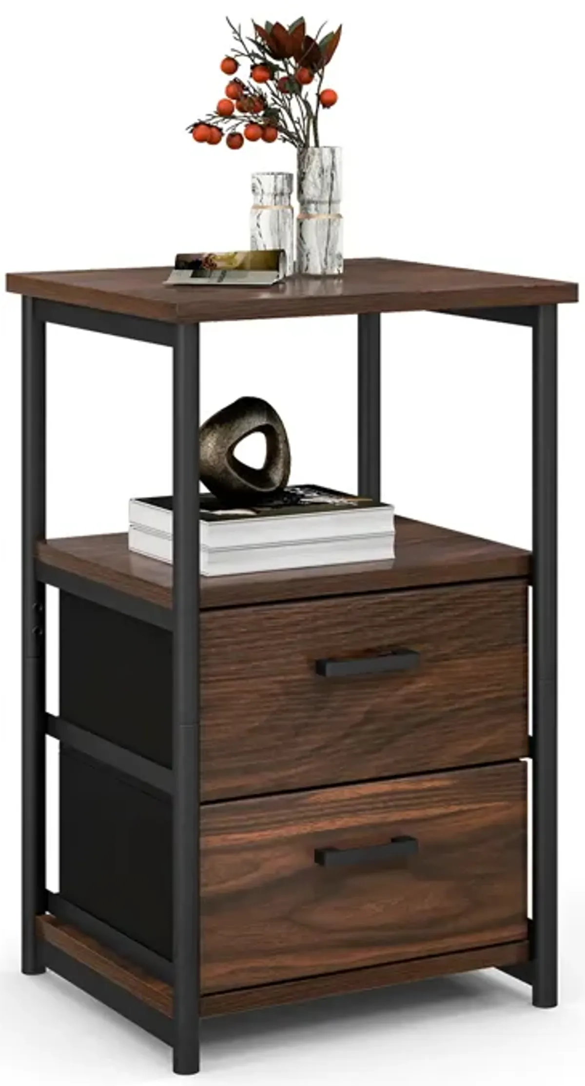 3-Tier Retro Nightstand with 2 Removable Fabric Drawers and Open Shelf-Walnut