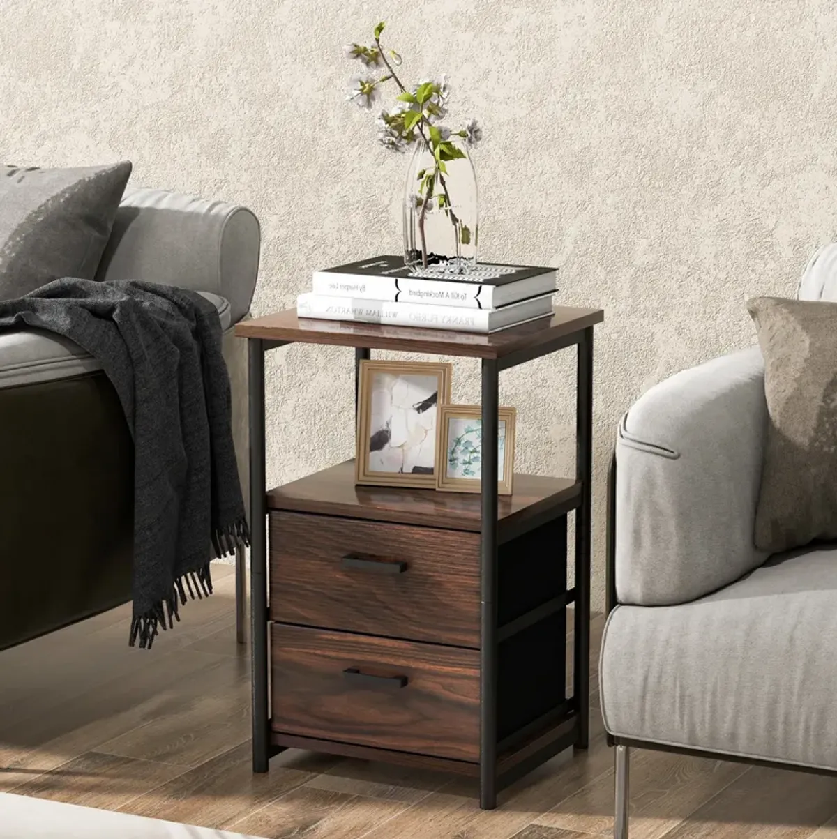 3-Tier Retro Nightstand with 2 Removable Fabric Drawers and Open Shelf-Walnut