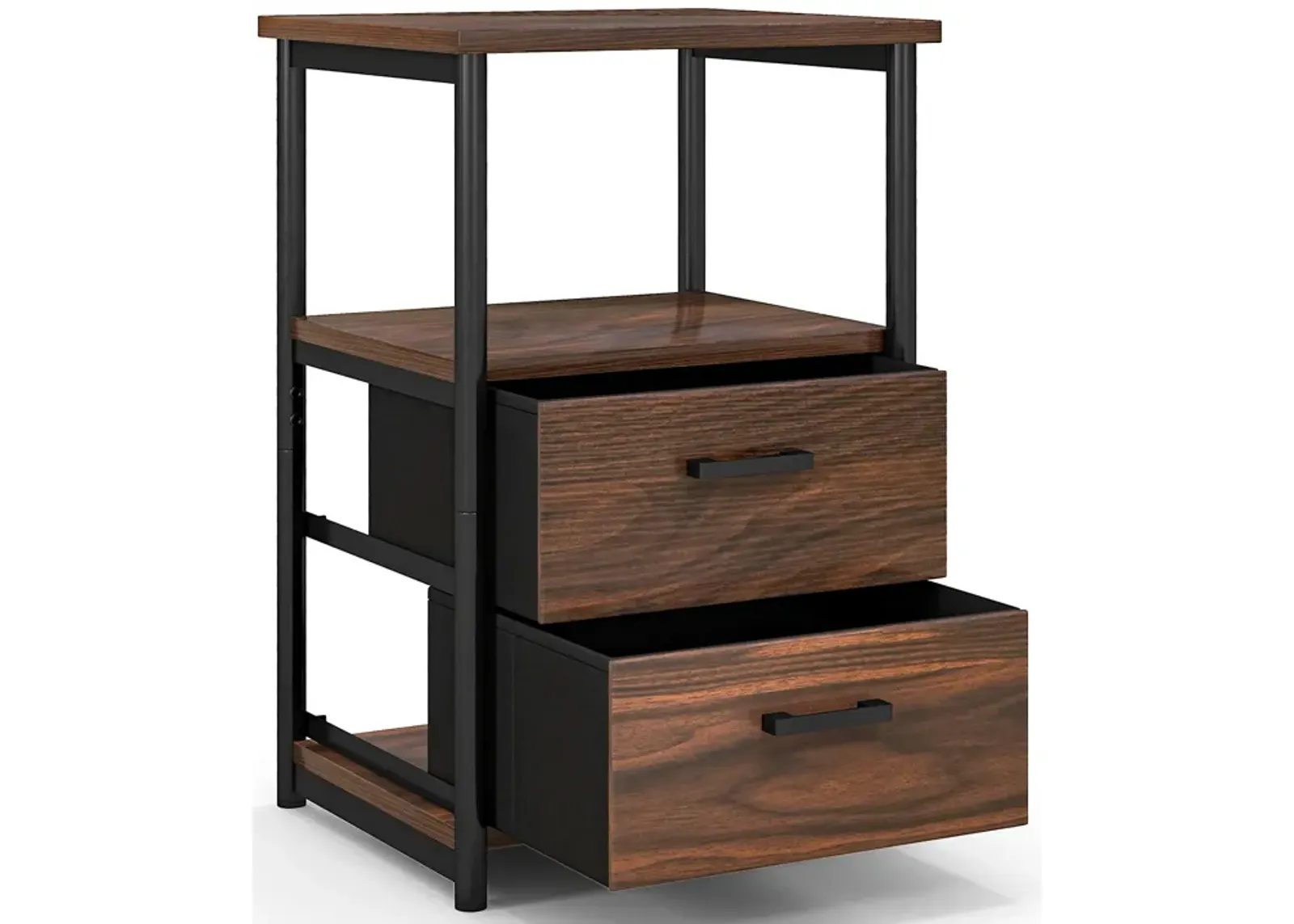 3-Tier Retro Nightstand with 2 Removable Fabric Drawers and Open Shelf-Walnut