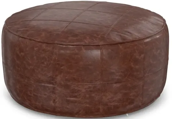 Simpli Home Connor 34 Inch Round Coffee Table Pouf In Distressed Brown Genuine Leather