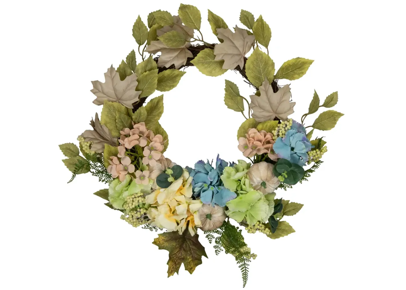 Green and Blue Floral and Gourds Thanksgiving Artificial Wreath  22-Inch