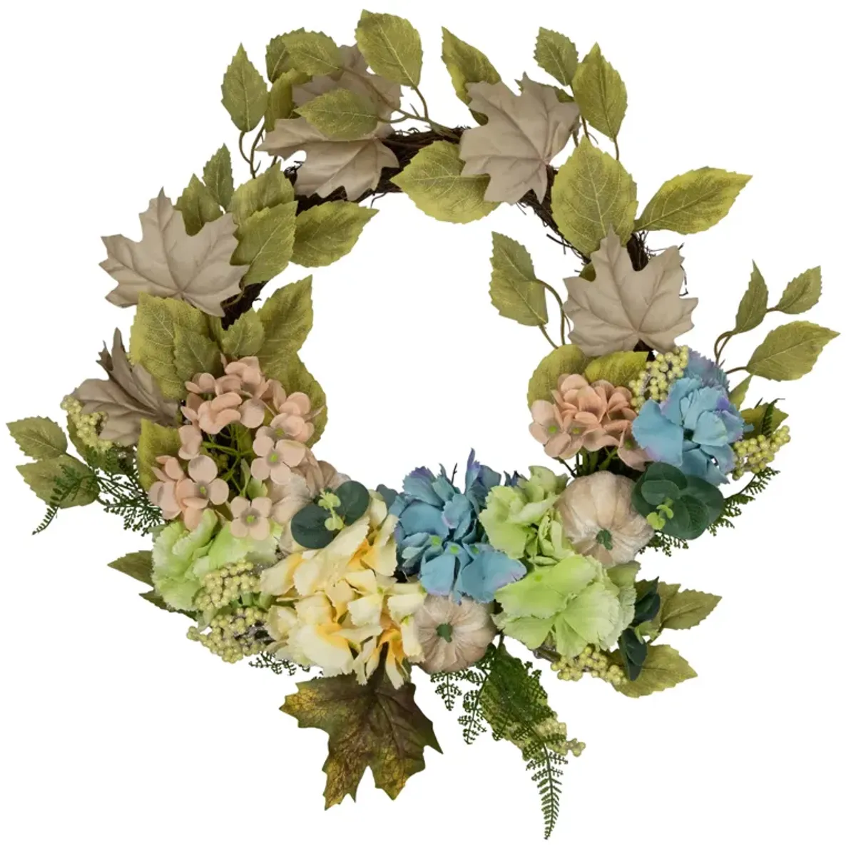 Green and Blue Floral and Gourds Thanksgiving Artificial Wreath  22-Inch