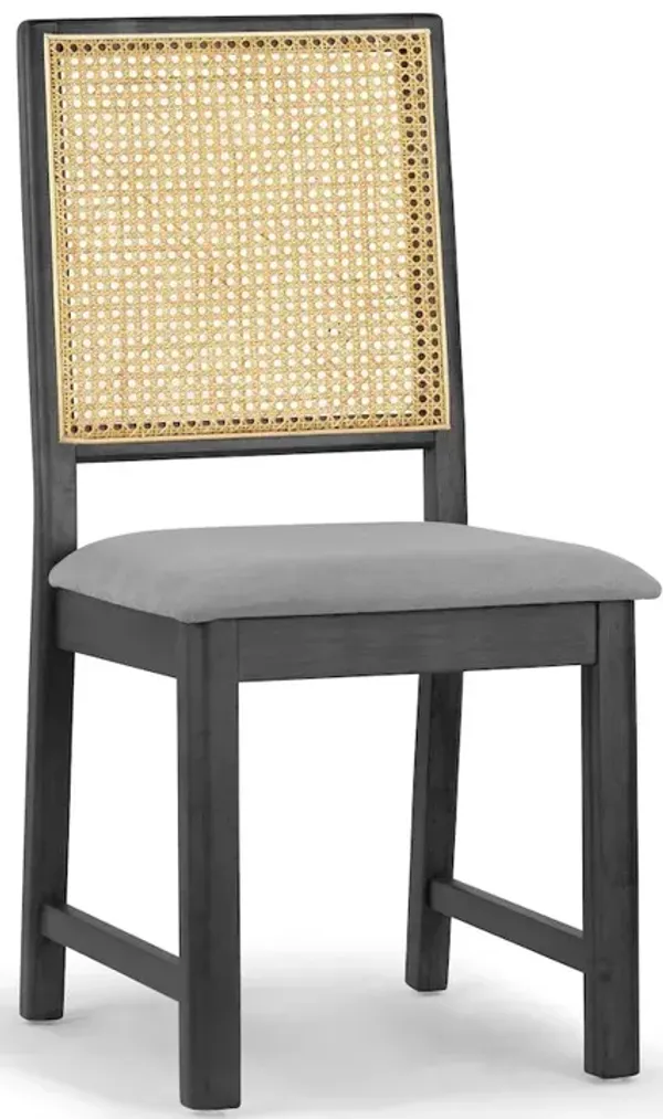 Glamour Home Set of 2 Gray Fabric Dining Chair High Rattan Back and Black Wood Legs