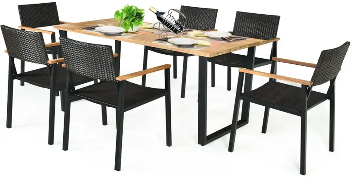 Patented 7 Pieces Outdoor Dining Set with Large Acacia Wood Table Top