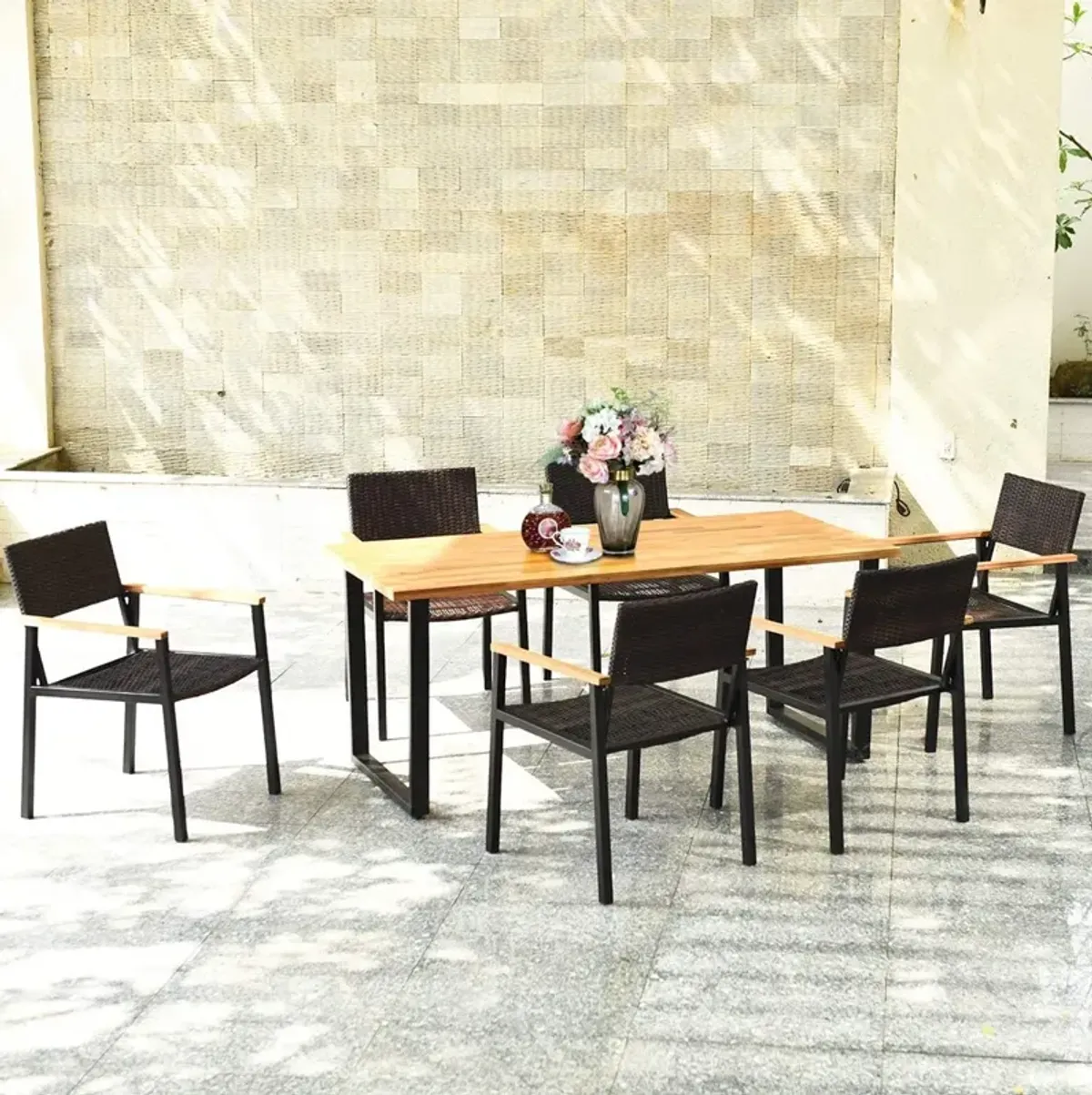 Patented 7 Pieces Outdoor Dining Set with Large Acacia Wood Table Top