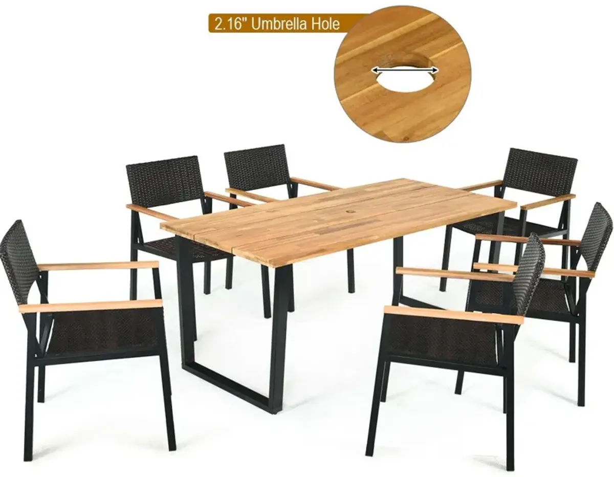 Patented 7 Pieces Outdoor Dining Set with Large Acacia Wood Table Top