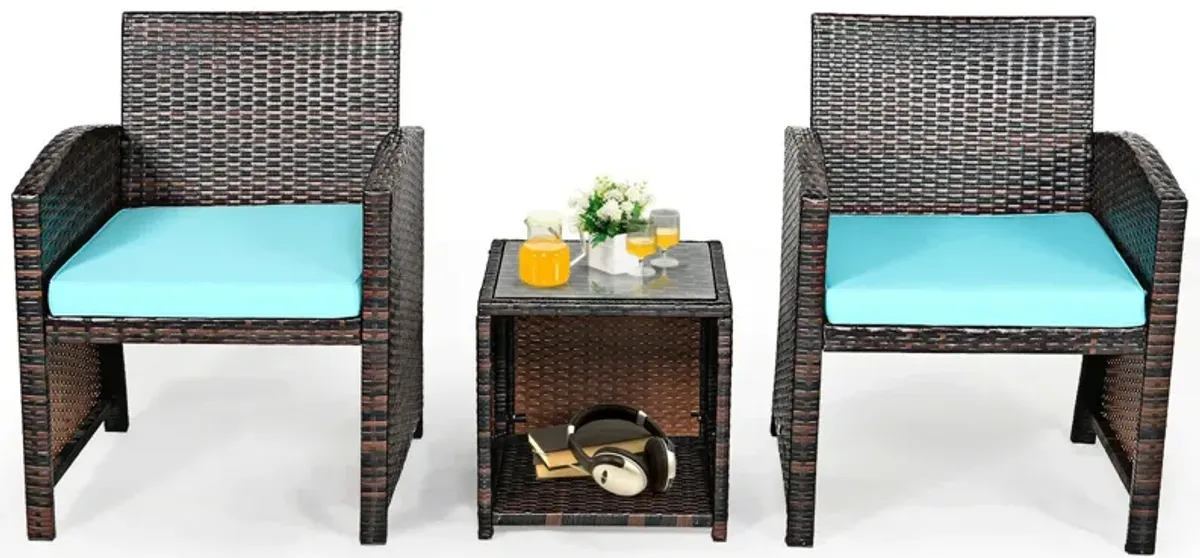 3 Pieces PE Rattan Wicker Furniture Set with Cushion Sofa Coffee Table for Garden