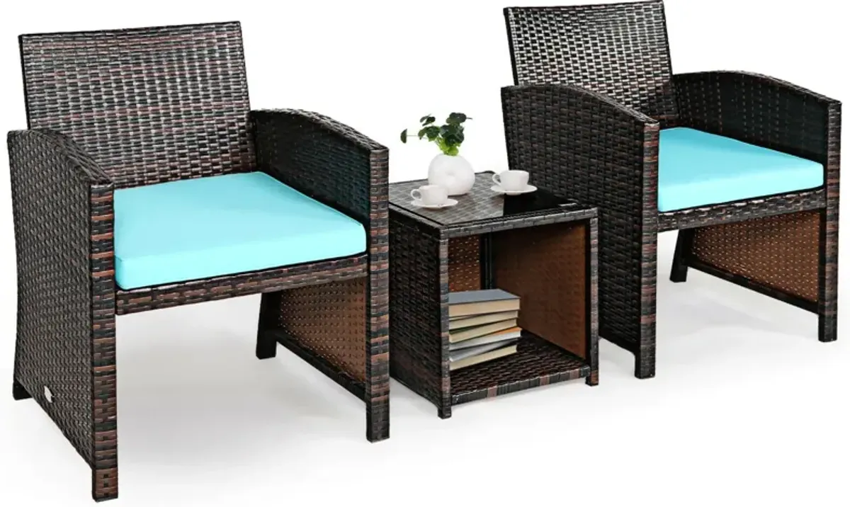 3 Pieces PE Rattan Wicker Furniture Set with Cushion Sofa Coffee Table for Garden