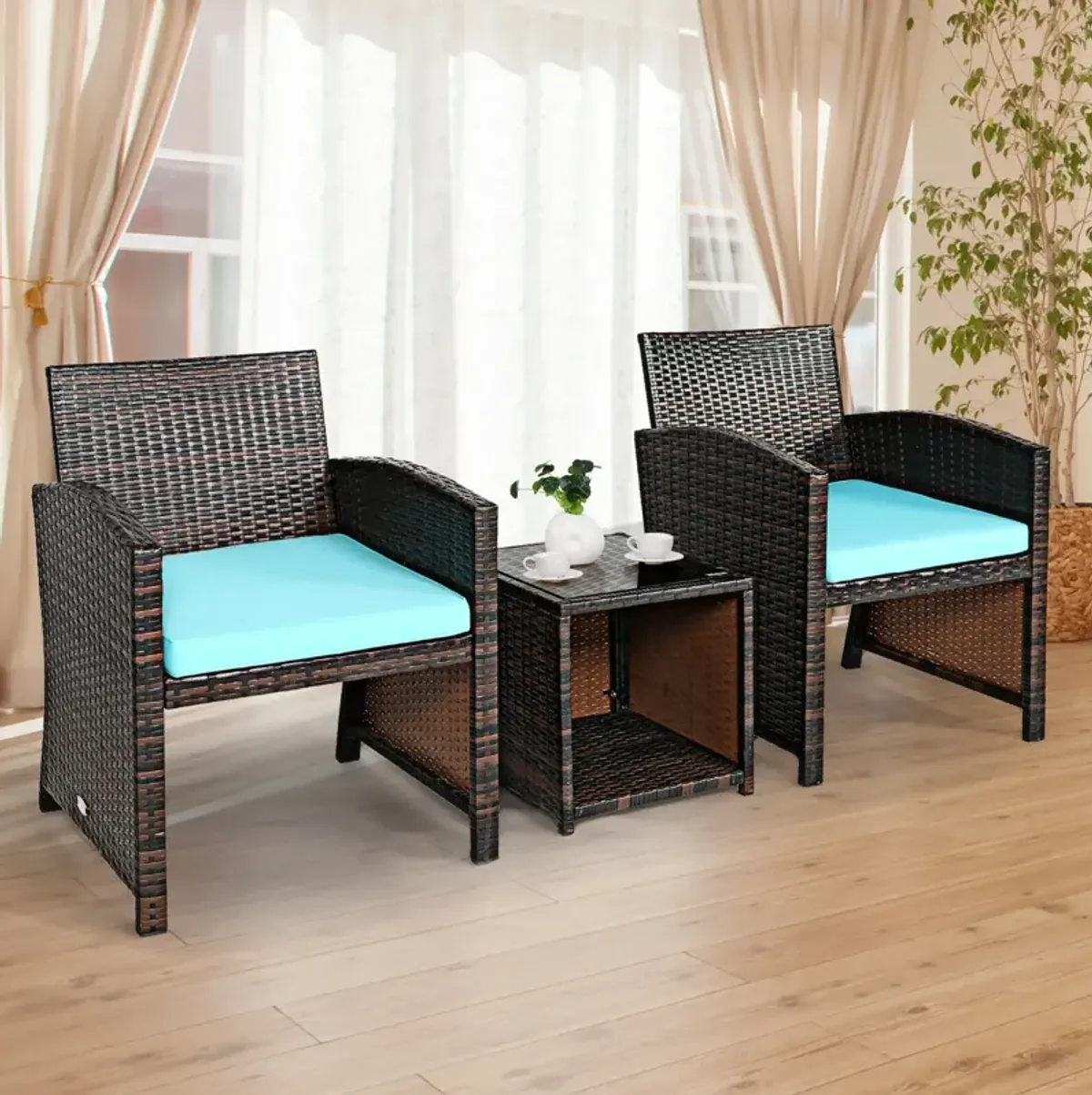 3 Pieces PE Rattan Wicker Furniture Set with Cushion Sofa Coffee Table for Garden