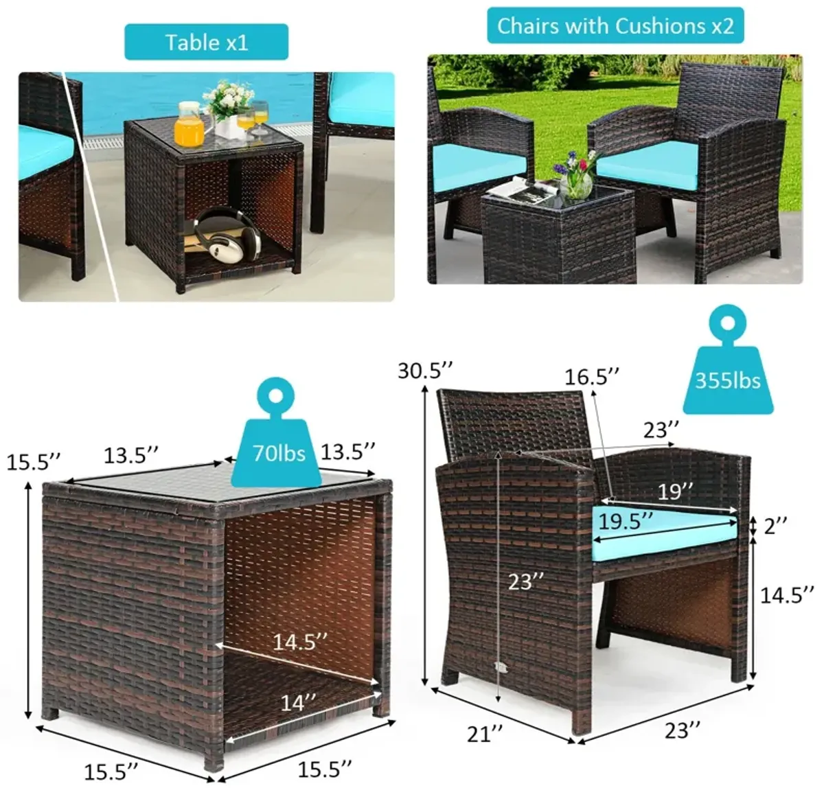 3 Pieces PE Rattan Wicker Furniture Set with Cushion Sofa Coffee Table for Garden