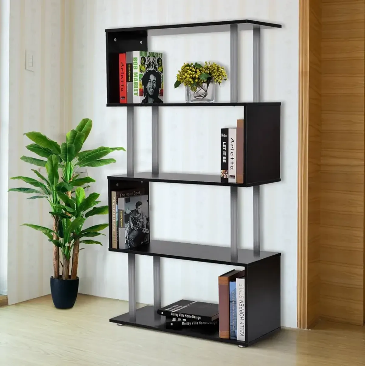 Modern Display Unit: Black 5-Tier S-Shaped Wooden Bookcase for Home/Office