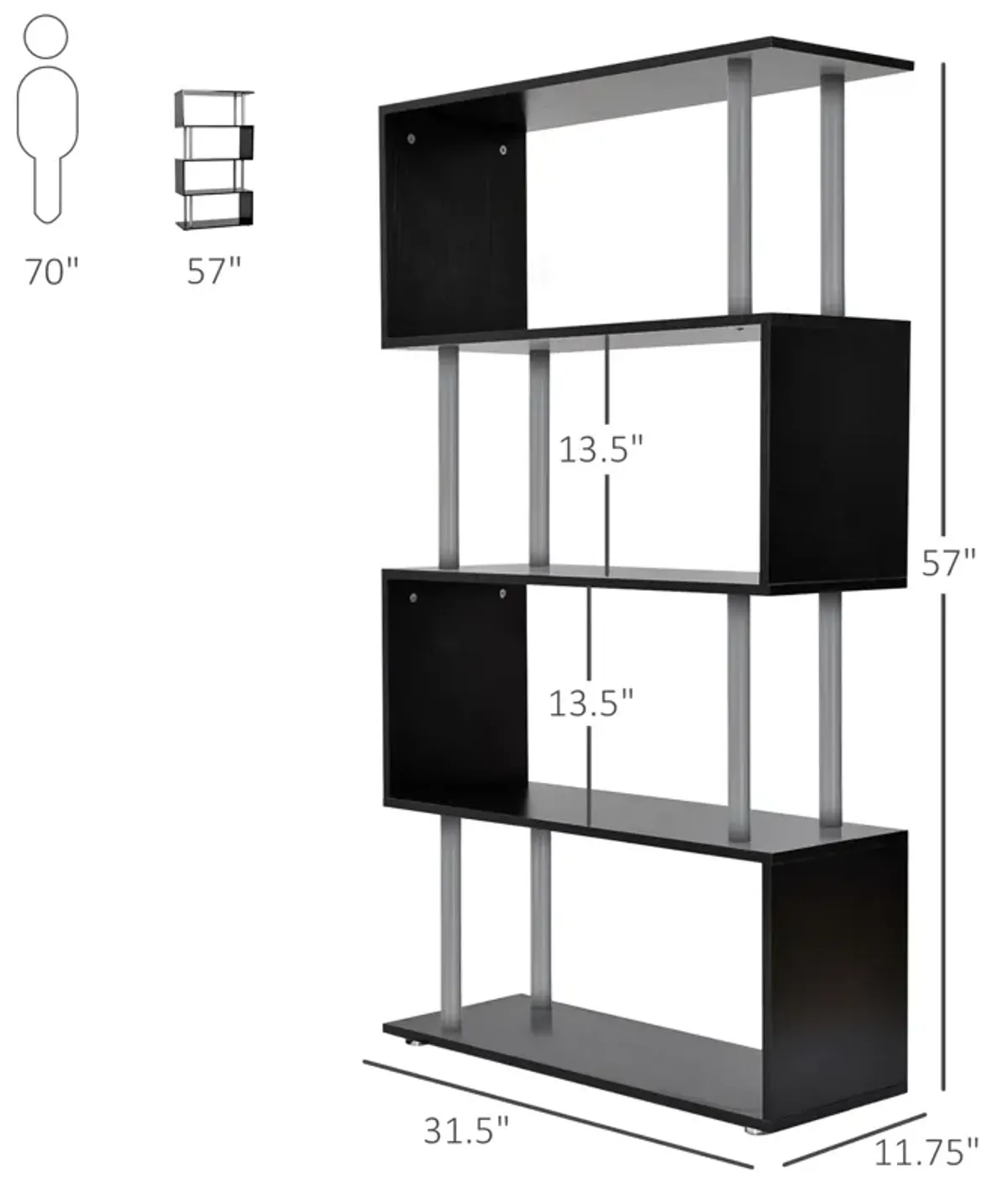 Modern Display Unit: Black 5-Tier S-Shaped Wooden Bookcase for Home/Office