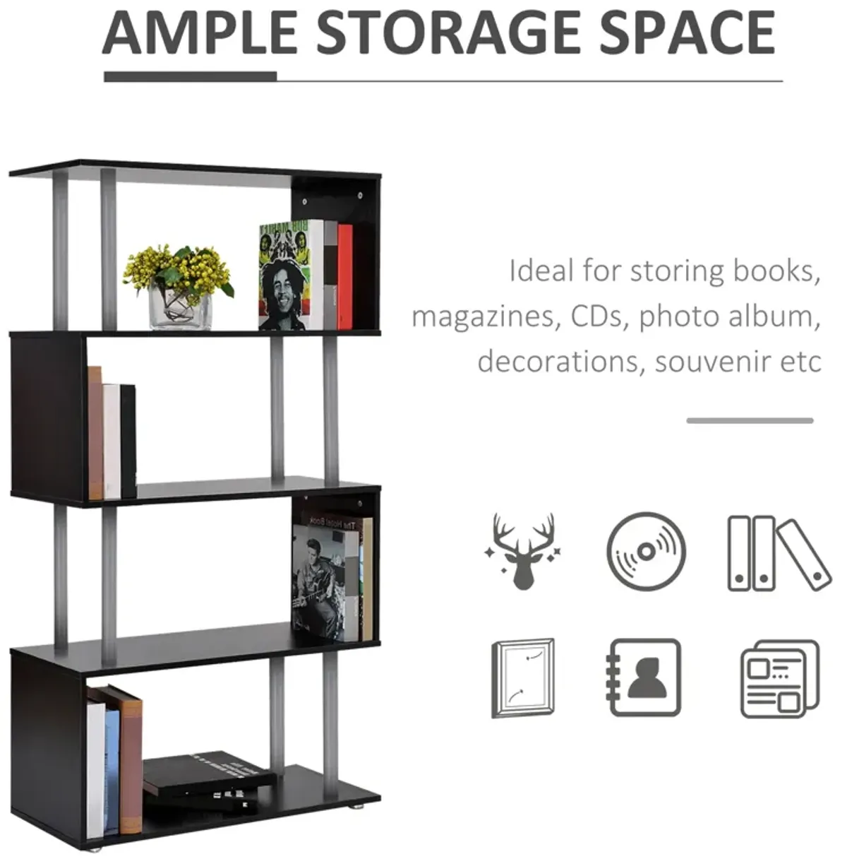 Modern Display Unit: Black 5-Tier S-Shaped Wooden Bookcase for Home/Office