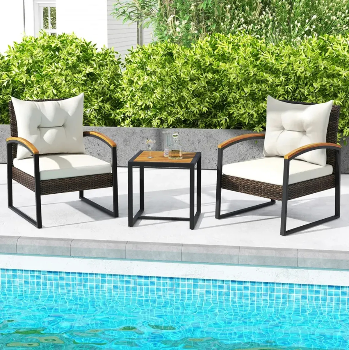 3 Piece Patio Conversation Set with Solid Acacia Wood  Armrests and Tabletop-White