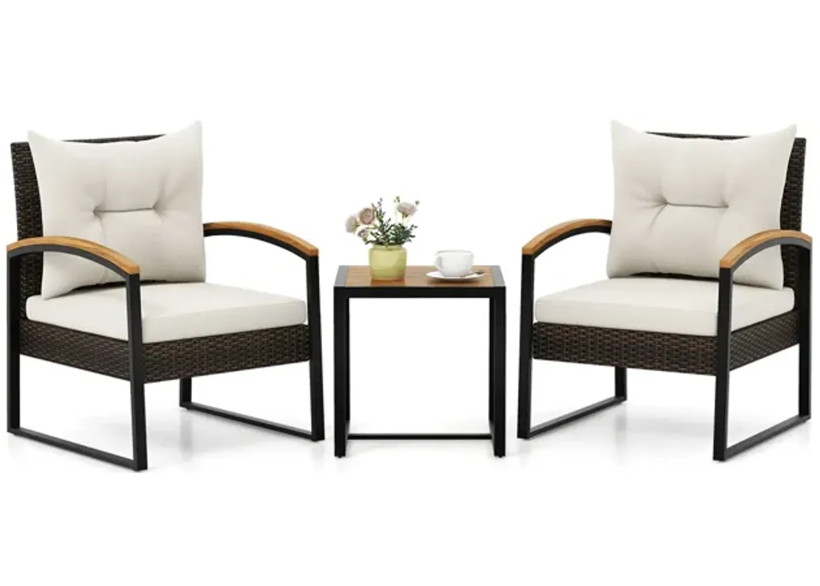 3 Piece Patio Conversation Set with Solid Acacia Wood  Armrests and Tabletop-White