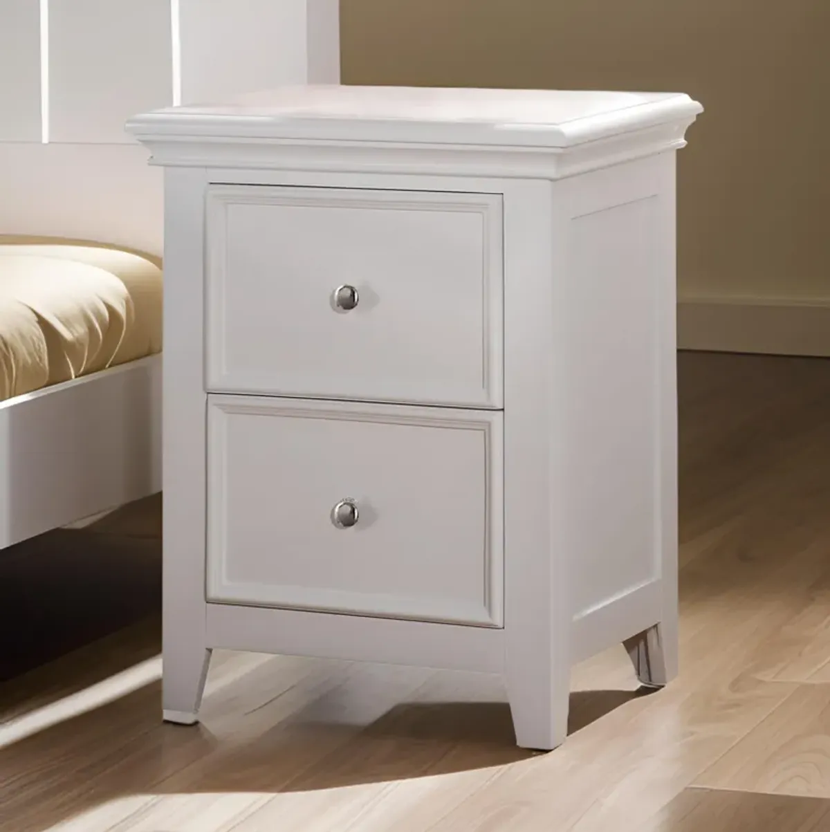 Contemporary Style Wood and Metal Nightstand with 2 Drawers, White-Benzara