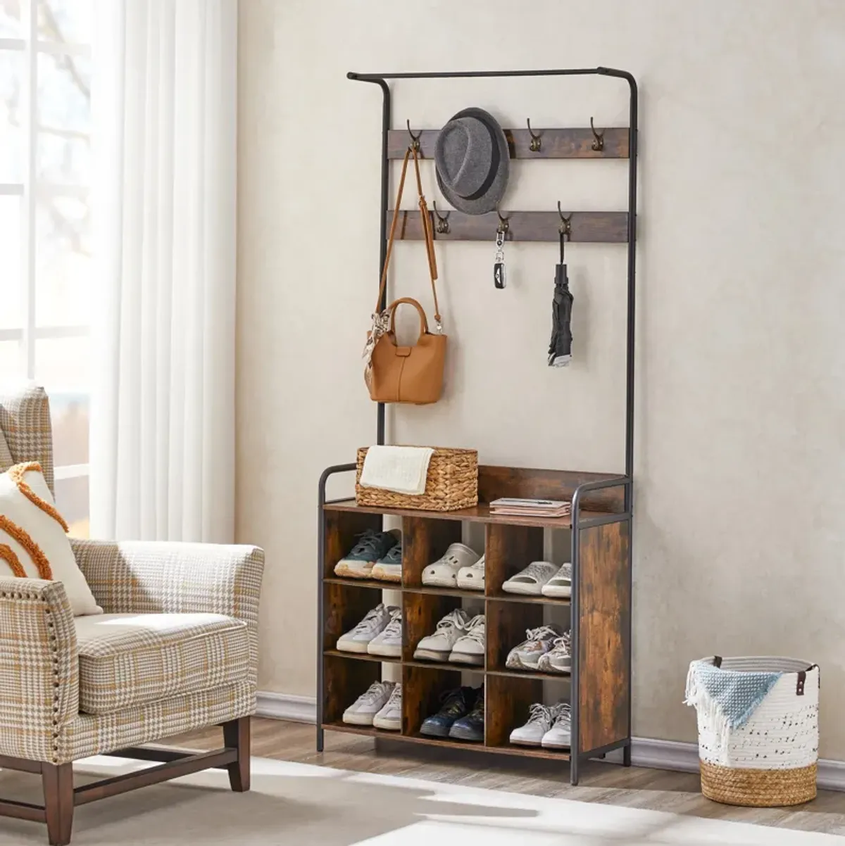 3-in-1 Hall Tree with Coat Rack & Shoe Storage for Entryway Organization