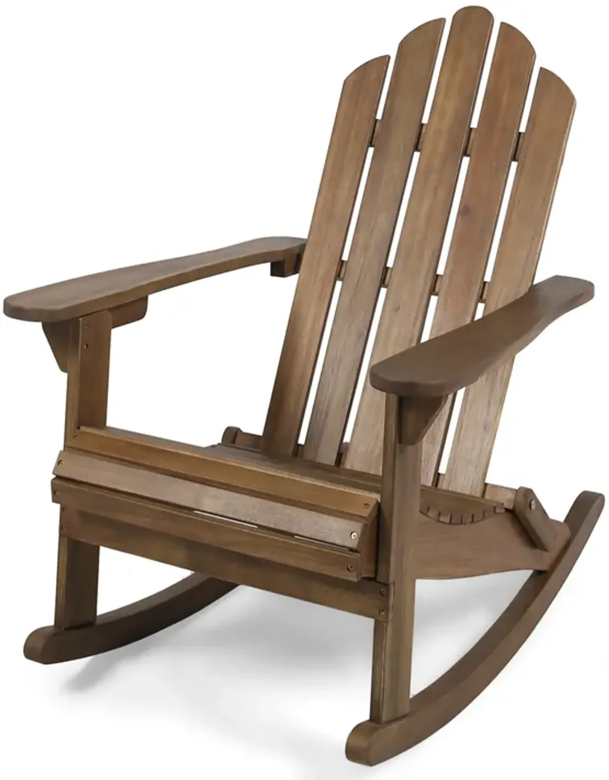 Outdoor Adirondack Rocking Chair, Slatted Back, Slope Arms, Dark Brown Wood