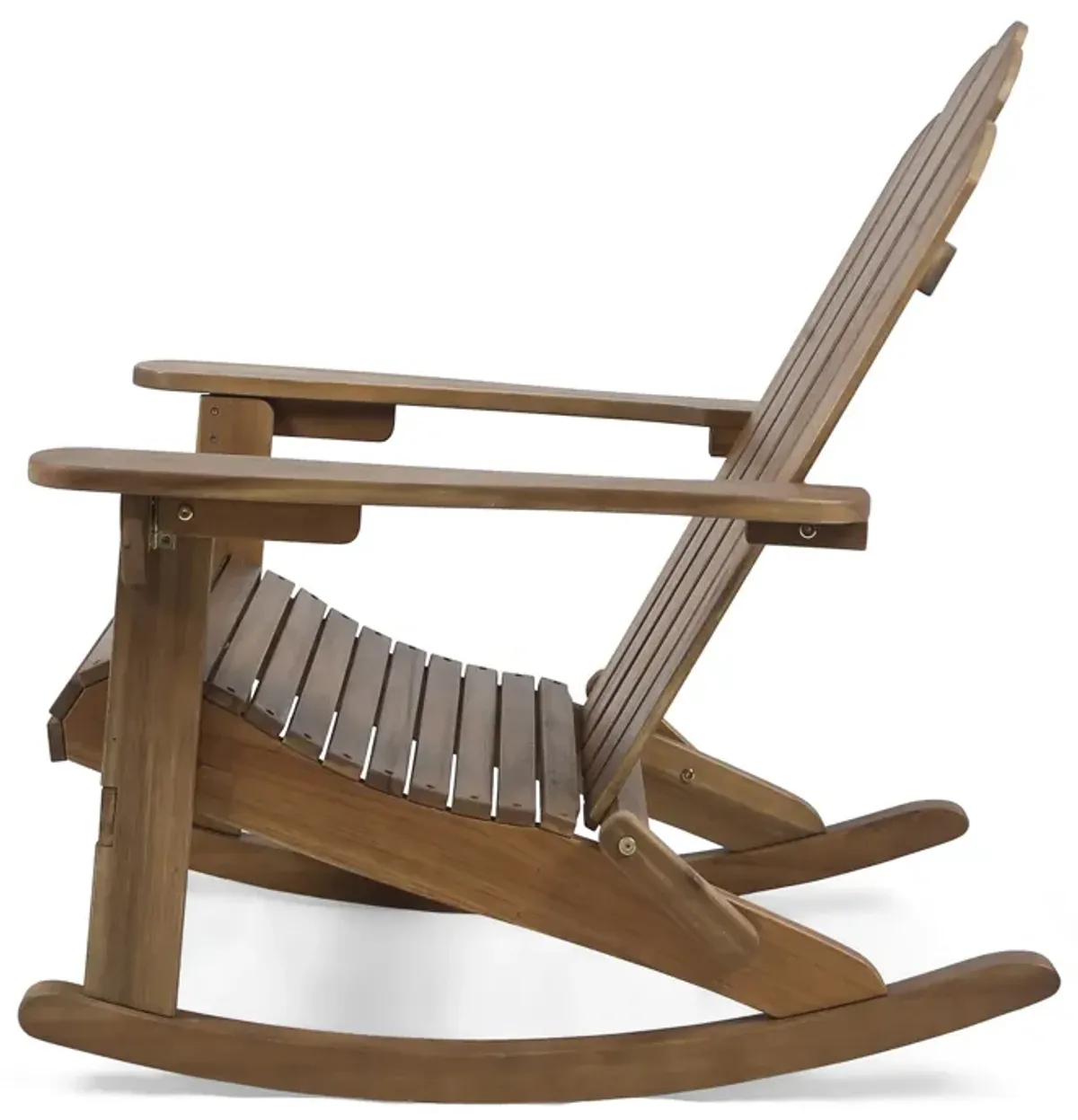 Outdoor Adirondack Rocking Chair, Slatted Back, Slope Arms, Dark Brown Wood