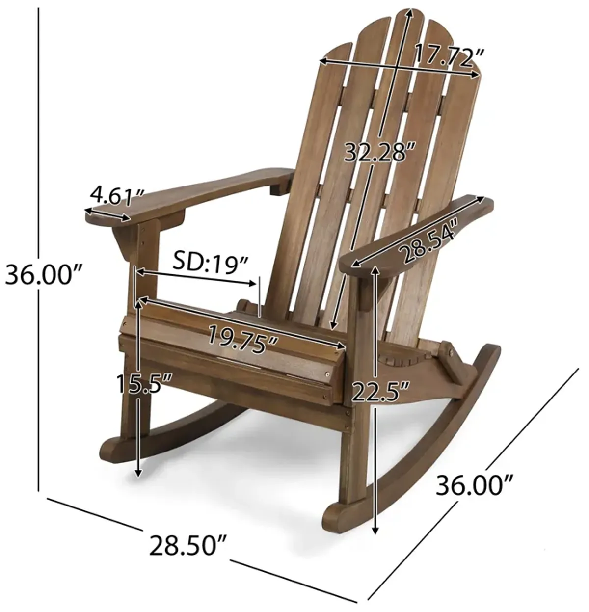 Outdoor Adirondack Rocking Chair, Slatted Back, Slope Arms, Dark Brown Wood