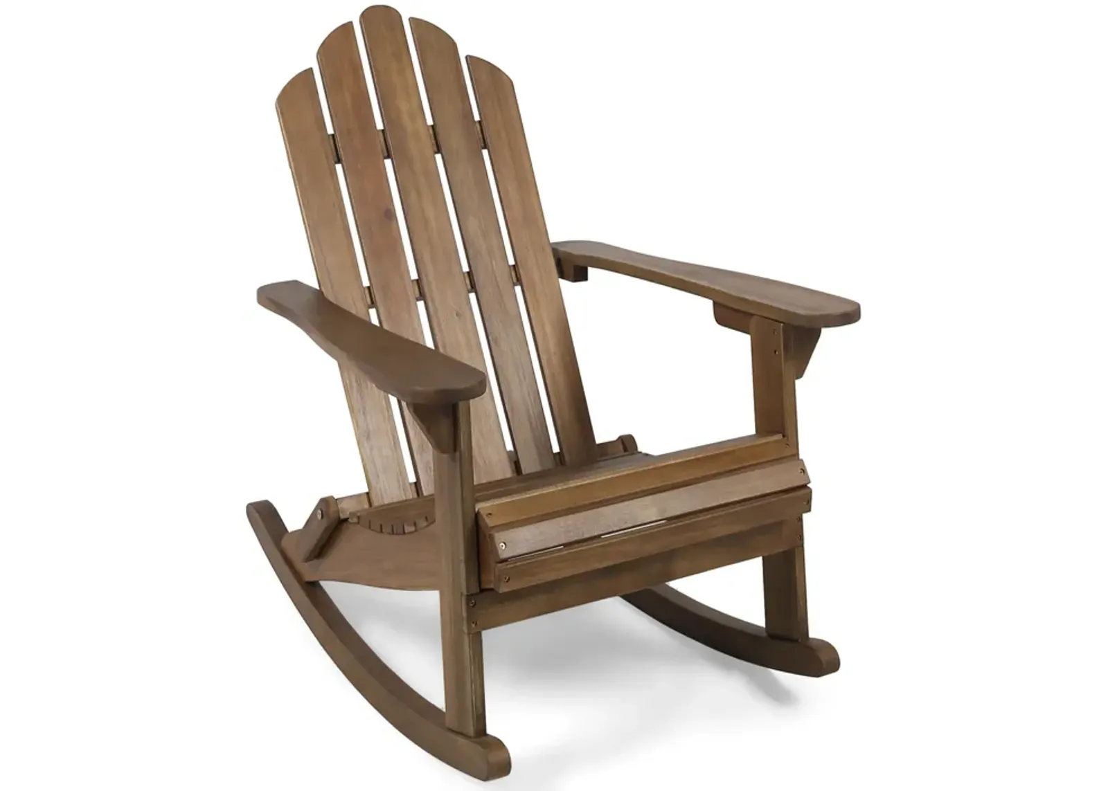 Outdoor Adirondack Rocking Chair, Slatted Back, Slope Arms, Dark Brown Wood