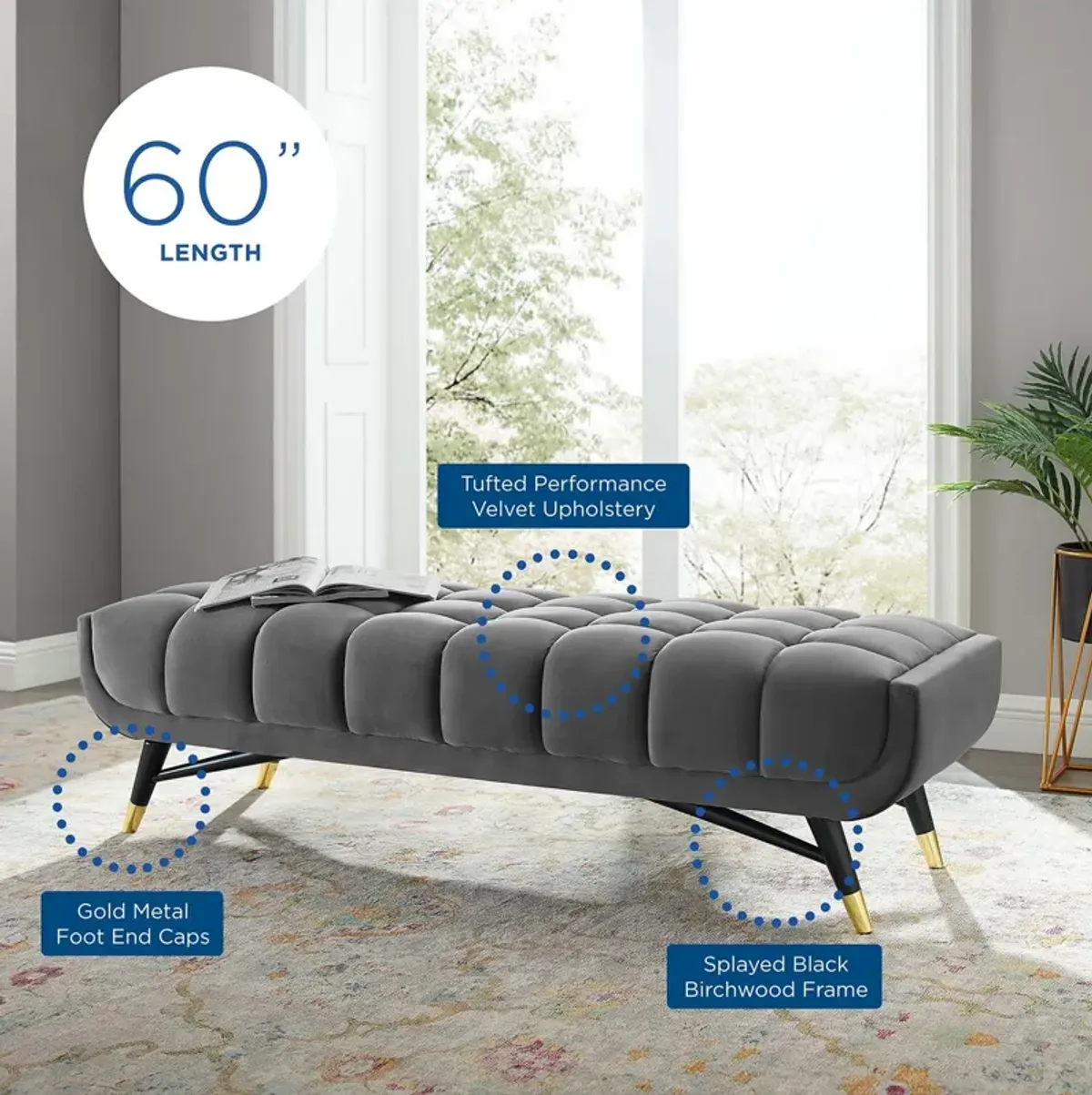 Adept 60" Performance Velvet Bench-Benzara