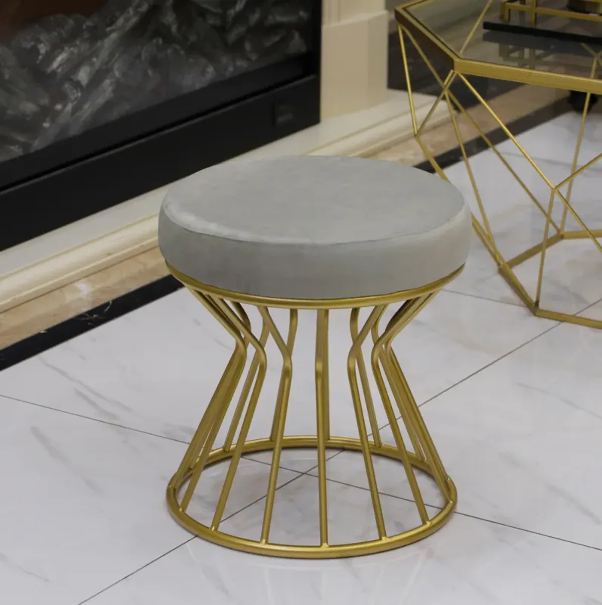 Modern Round Velvet Stool with Bent Gold Metal Base Standard Ottoman, Grey