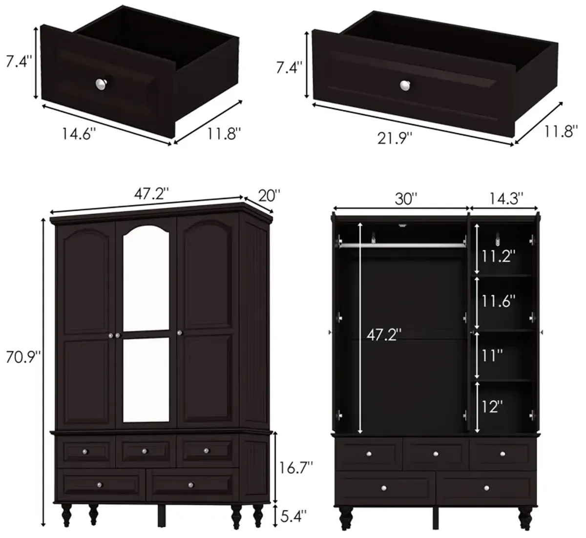 Black Paint 47.2 in. W Big Wardrobe Armoires W/Mirror, Hanging Rod, Drawers, Adjustable Shelves 70.9 in. H x 20 in. D