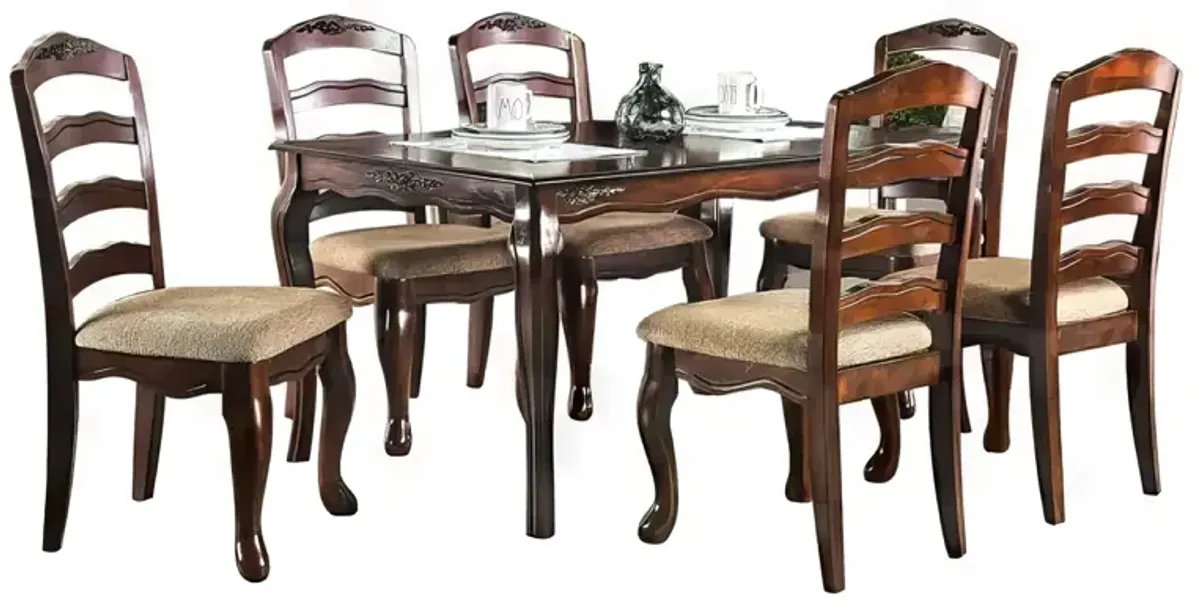 Viny 7pc Dining Table Set with 6 Fabric Chairs, Dark Walnut Solid Wood