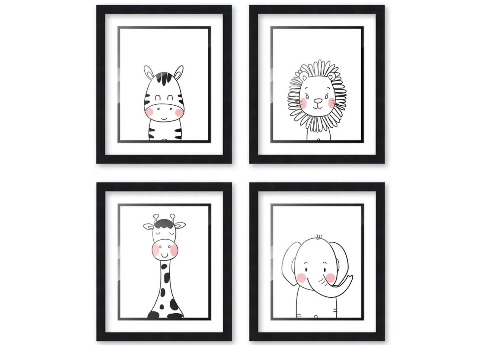 8x10 Framed Nursery Wall Art Set of 4 Black & White Animal Prints with White Mat in a 10x12 Black Wood Frames