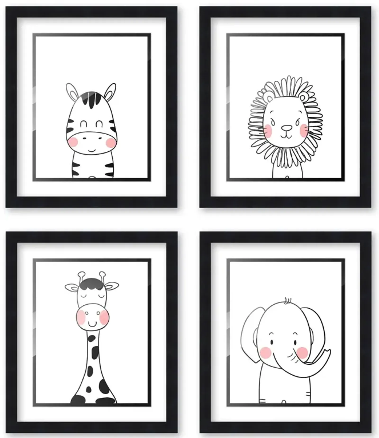 8x10 Framed Nursery Wall Art Set of 4 Black & White Animal Prints with White Mat in a 10x12 Black Wood Frames