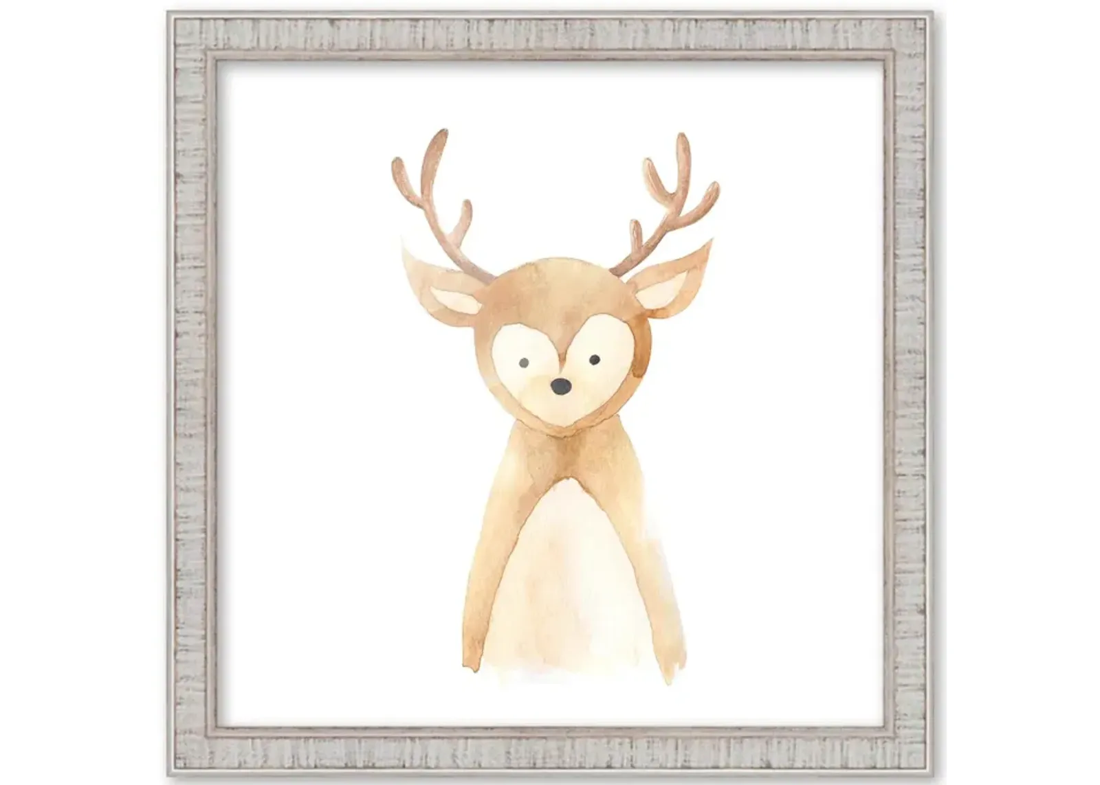 10x10 Framed Nursery Wall Art Watercolor Deer Poster in Rustic White Wood Frame For Kid Bedroom or Playroom