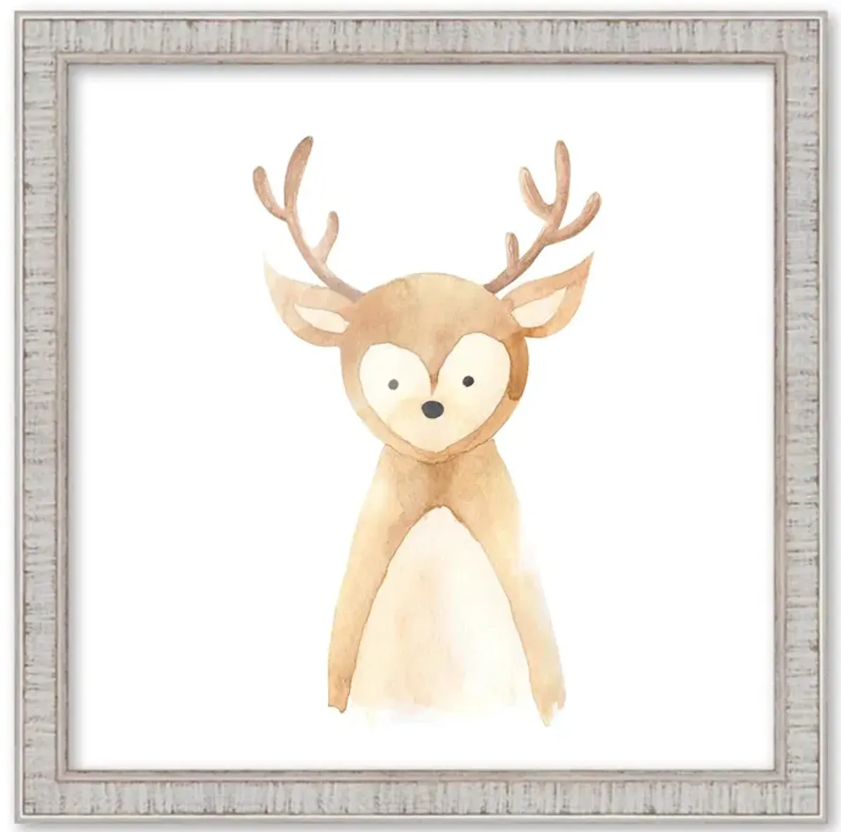 10x10 Framed Nursery Wall Art Watercolor Deer Poster in Rustic White Wood Frame For Kid Bedroom or Playroom