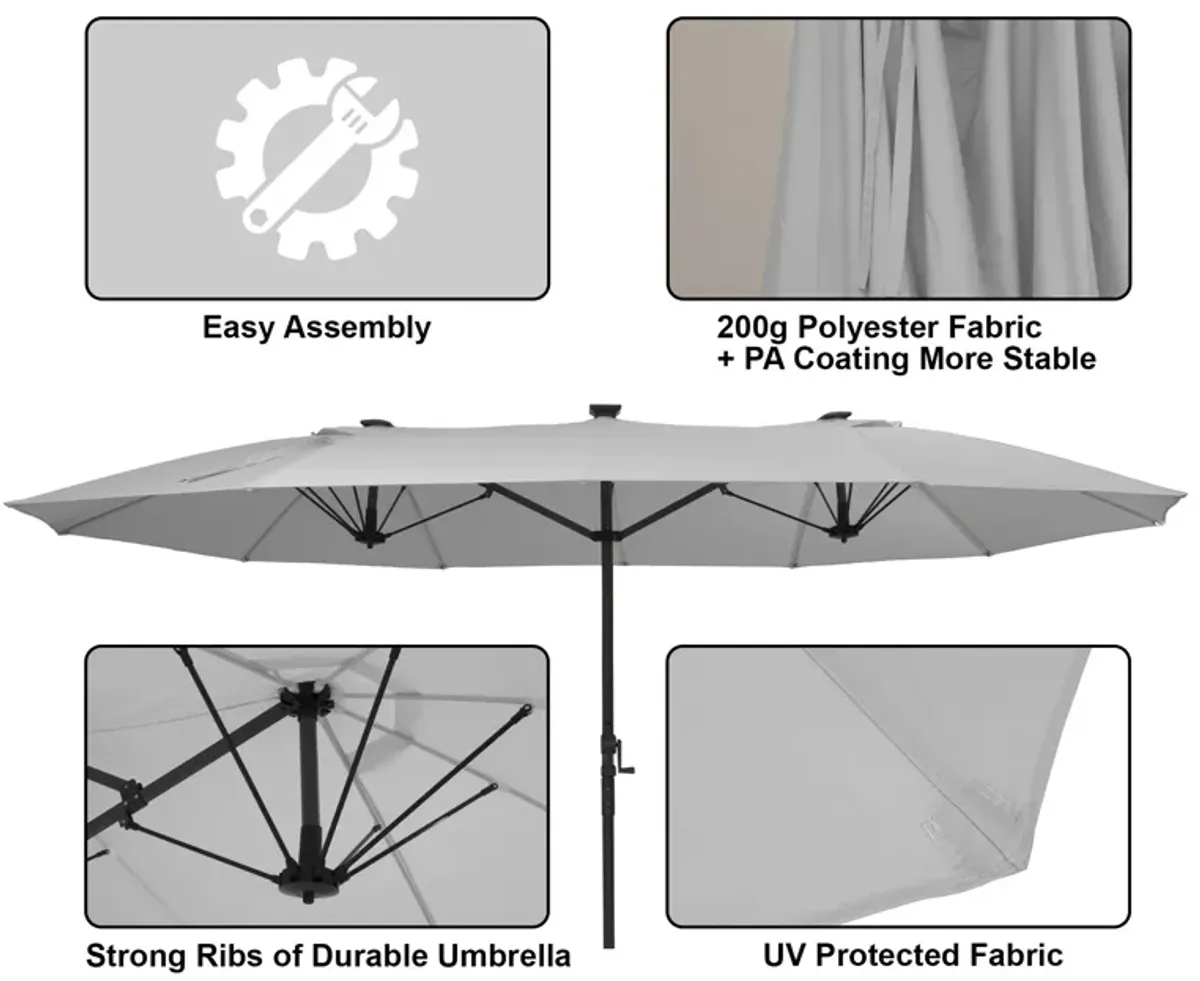 MONDAWE 15ft Twin Double-Sided Solar LED Patio Market Umbrella with Included Base Stand