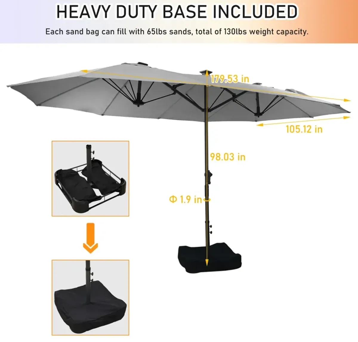 MONDAWE 15ft Twin Double-Sided Solar LED Patio Market Umbrella with Included Base Stand