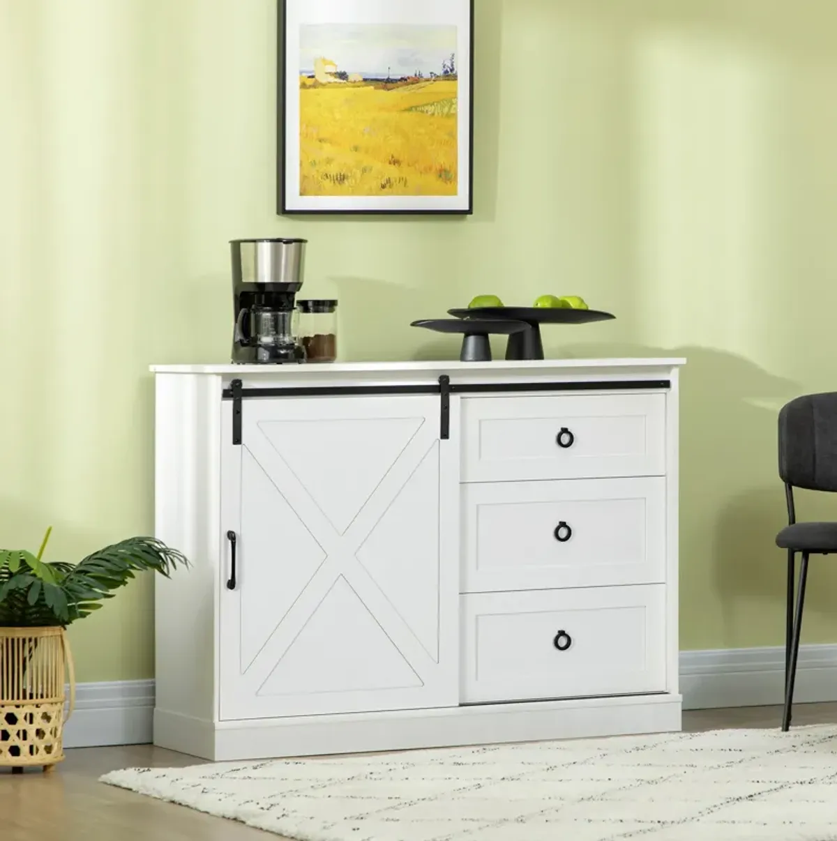 White Farmhouse Storage: Kitchen Sideboard with Barn Door & Drawers